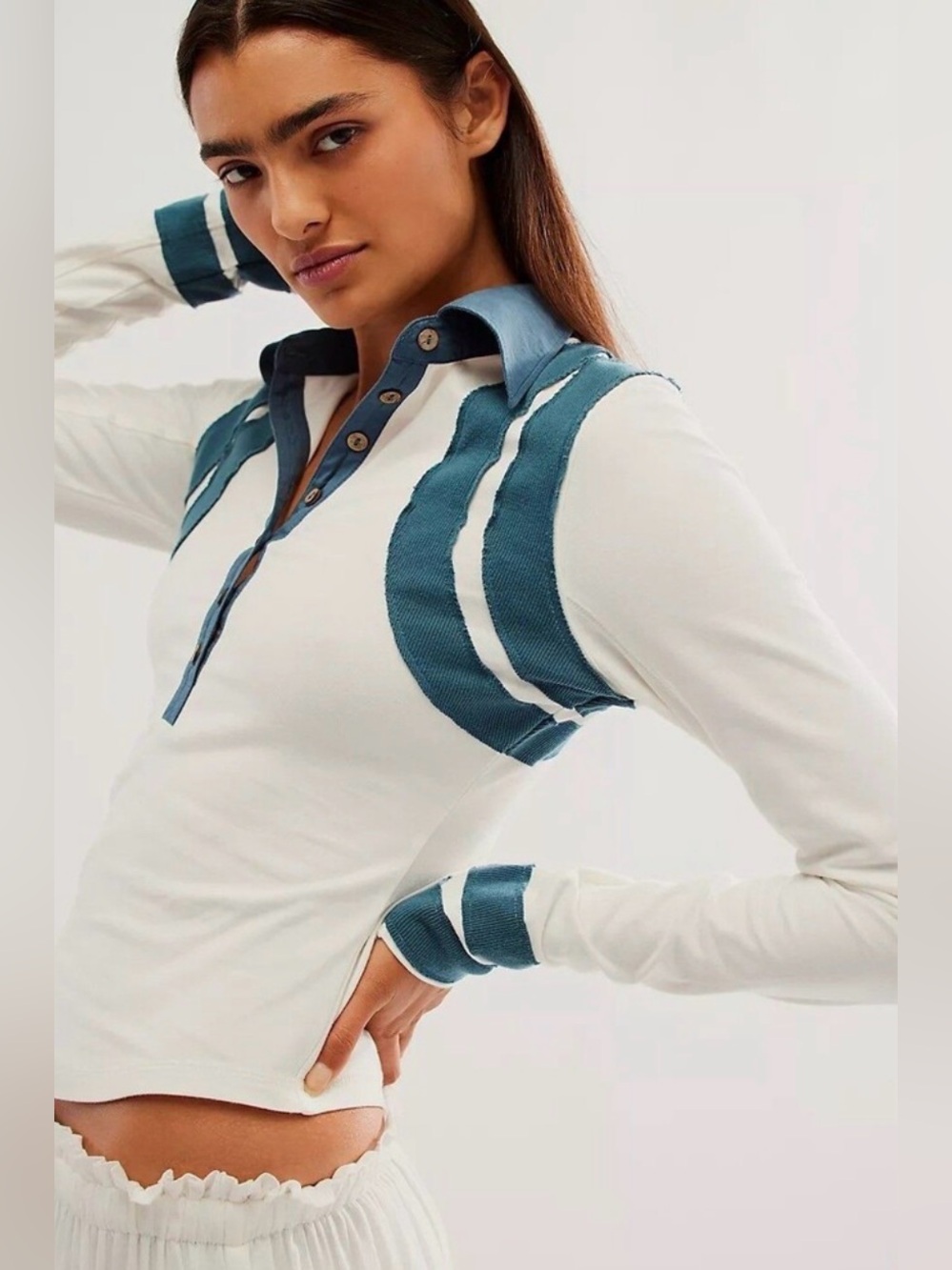 NWT Ivory Combo FREE PEOPLE Collared WEDNESDAY Polo Top Small RARE Sold Out!